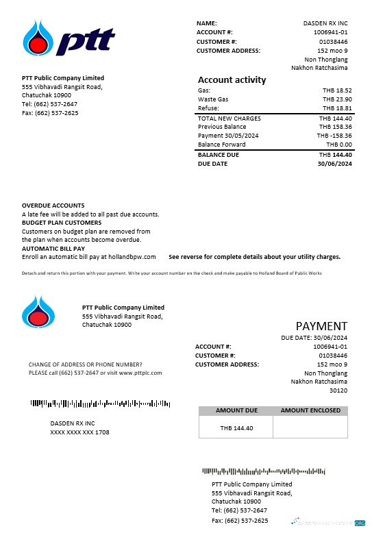 Download Thailand PTT gas business utility bill template in Word and PDF formats Photoshop template